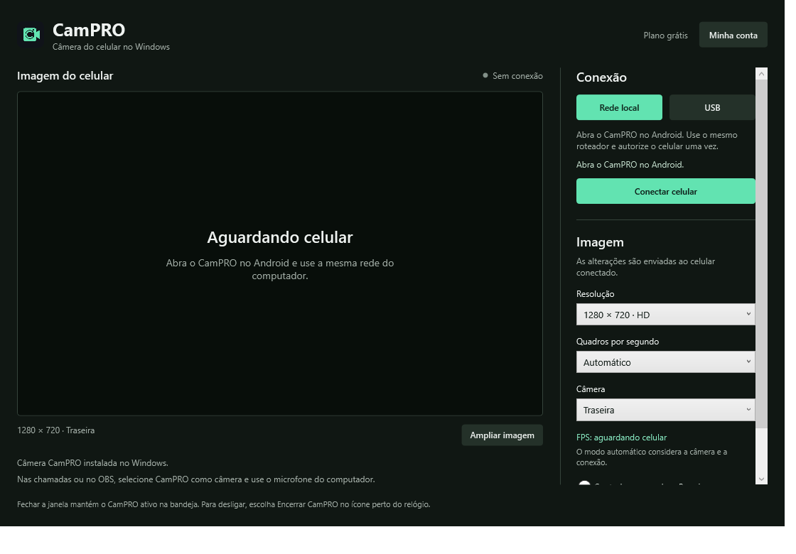 Interface real do CamPRO no Windows: prévia da câmera, conexão do celular e preferências de vídeo.